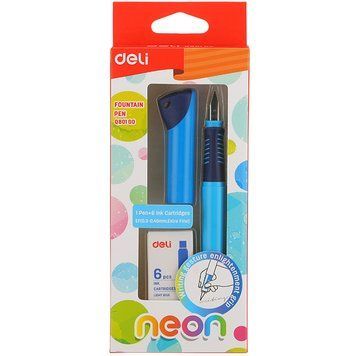 Ручка пір'яна синя Deli EQ80100 мікс Neon ергоном гумовий грип + 6 картриджів, картонний блістер 2870639 фото